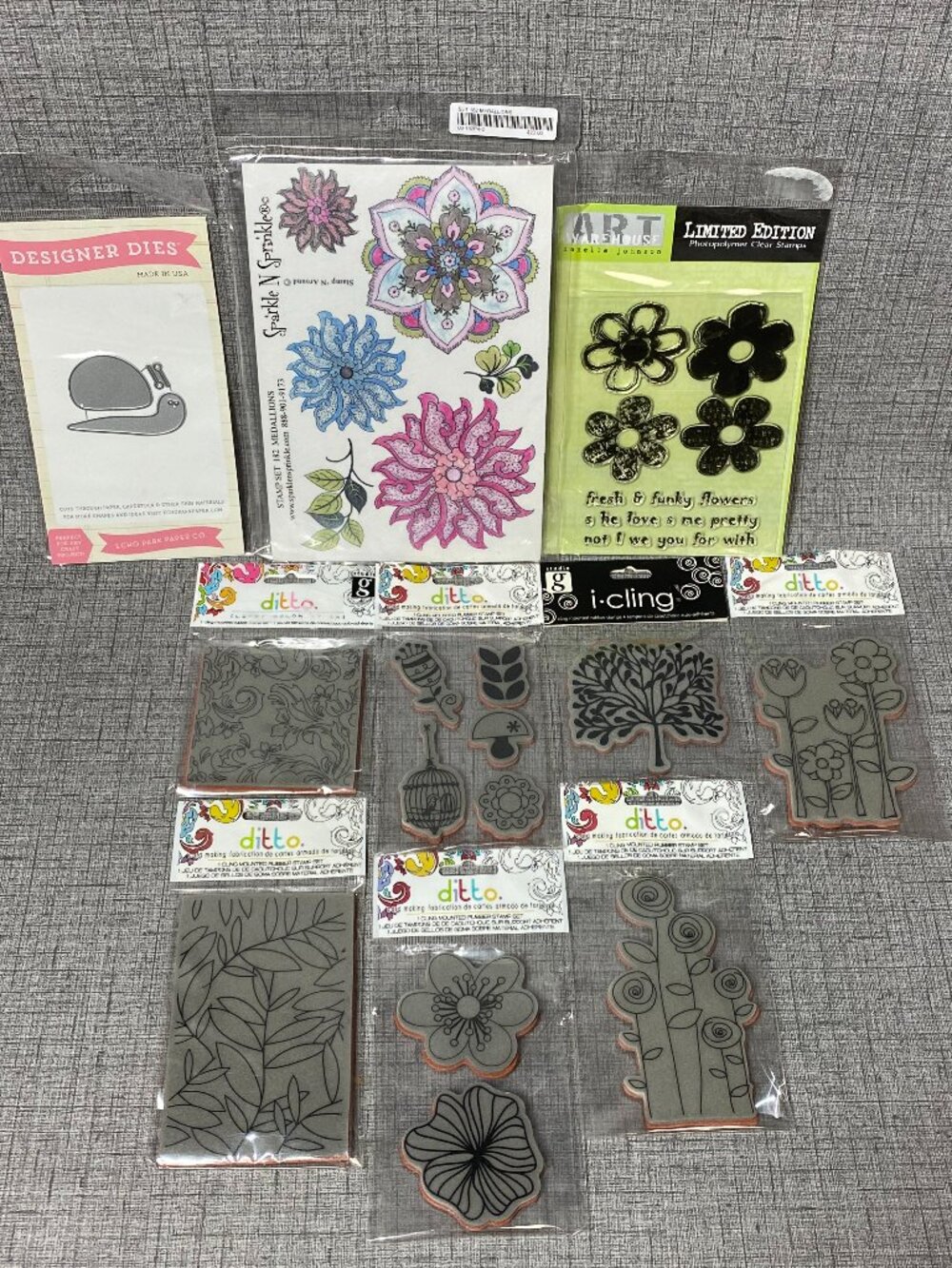 NEW Rubber Cling Stamps & Dies 10pc Lot Bundle NOS Flowers Mushroom Tree Snail